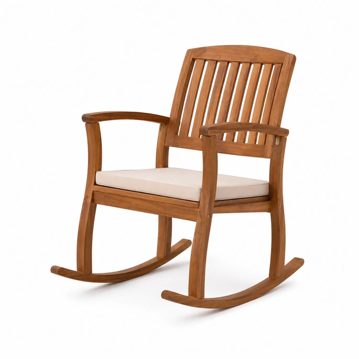 Sedia a dondolo in legno con cuscino crema