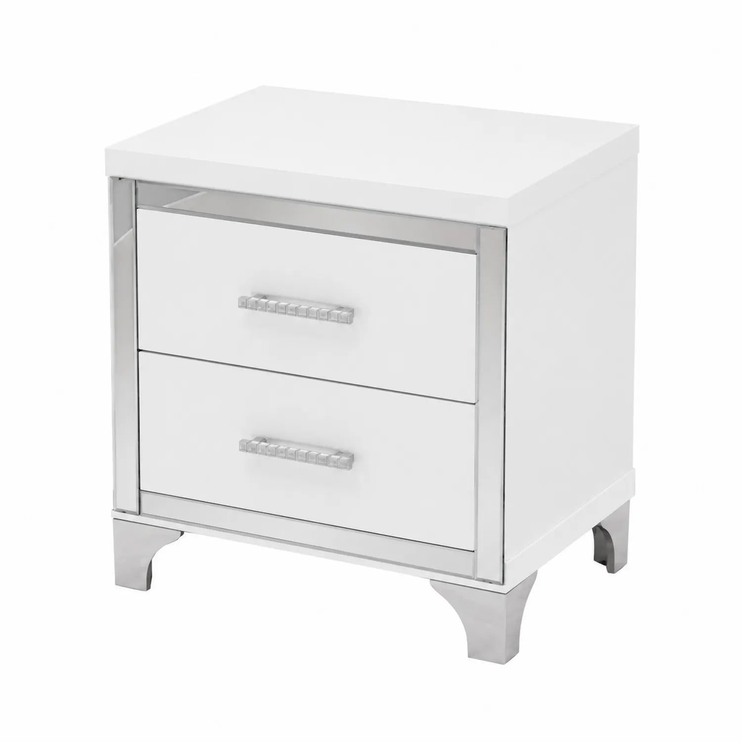 Comodino in Legno Bianco con Maniglie in Metallo