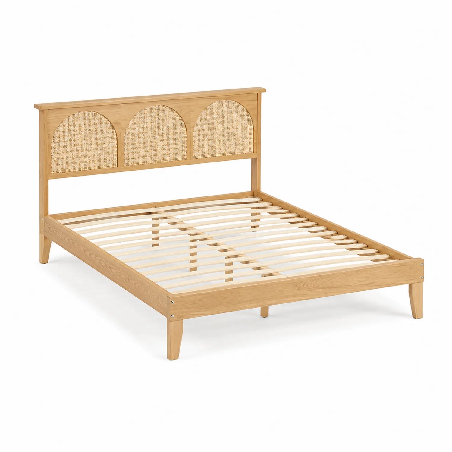 Letto matrimoniale in legno con testiera in rattan, 200x160 cm