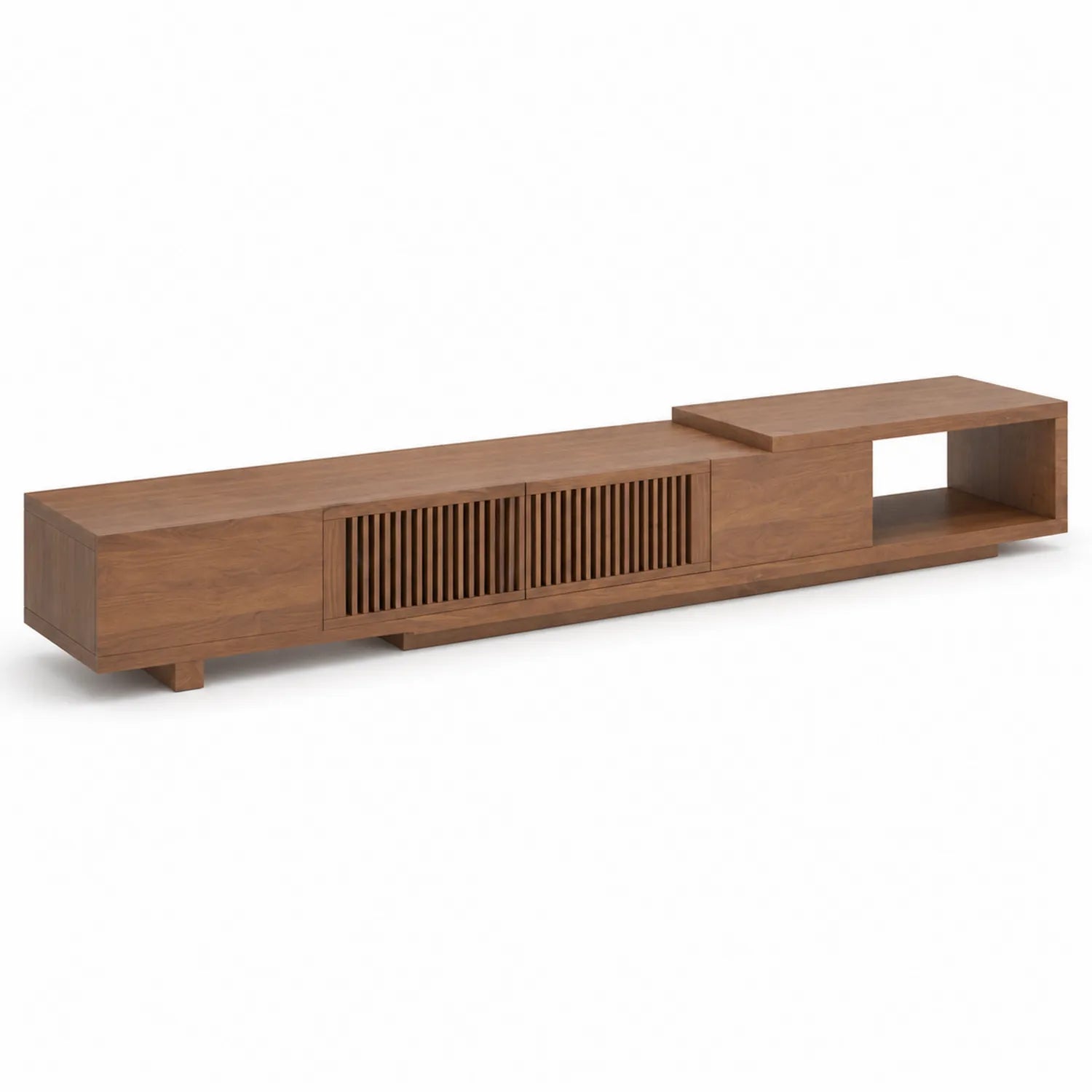 Mobile TV in legno con ante a doghe e ripiano aperto