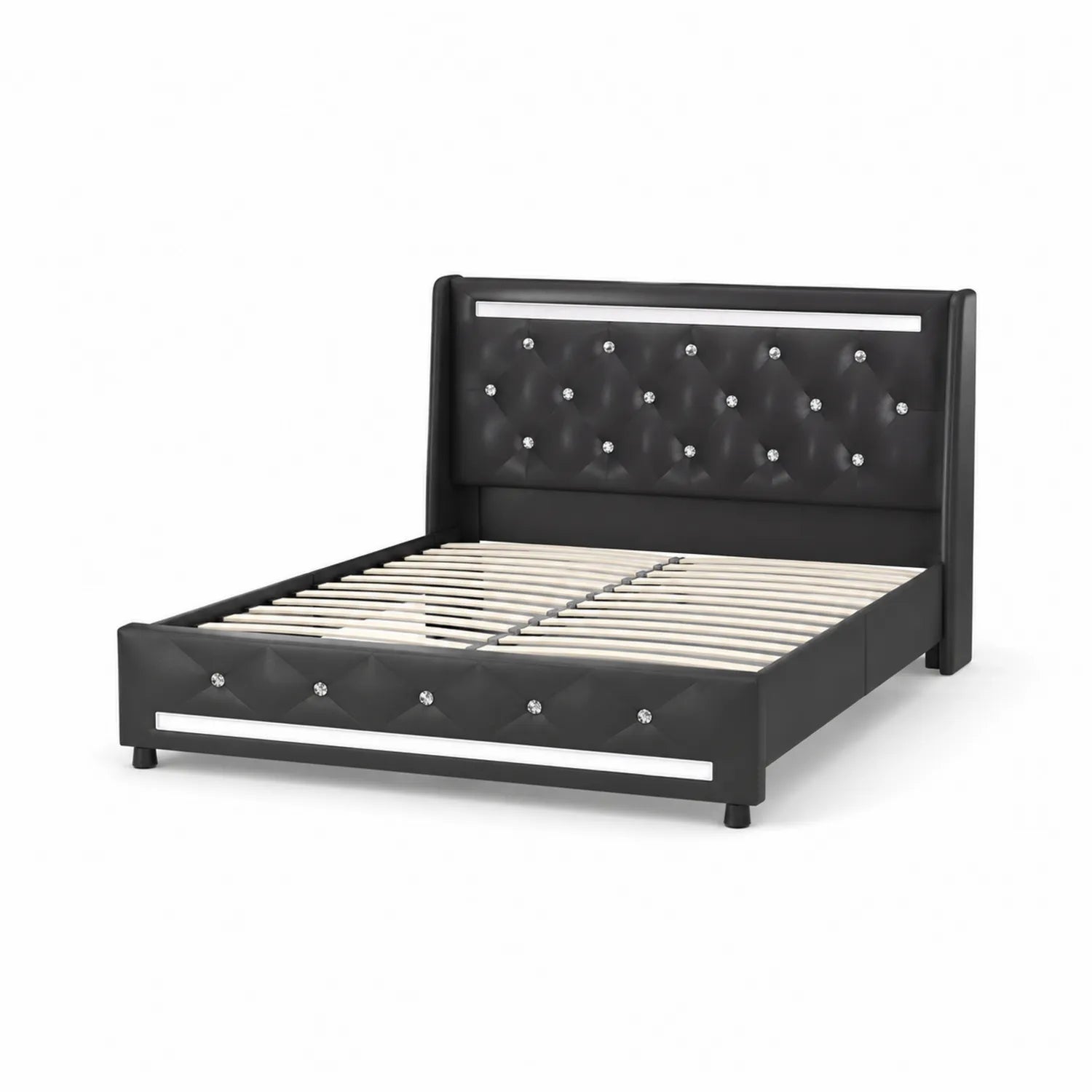 Letto matrimoniale in pelle sintetica con decorazione in cristallo Nero 160x200 cm