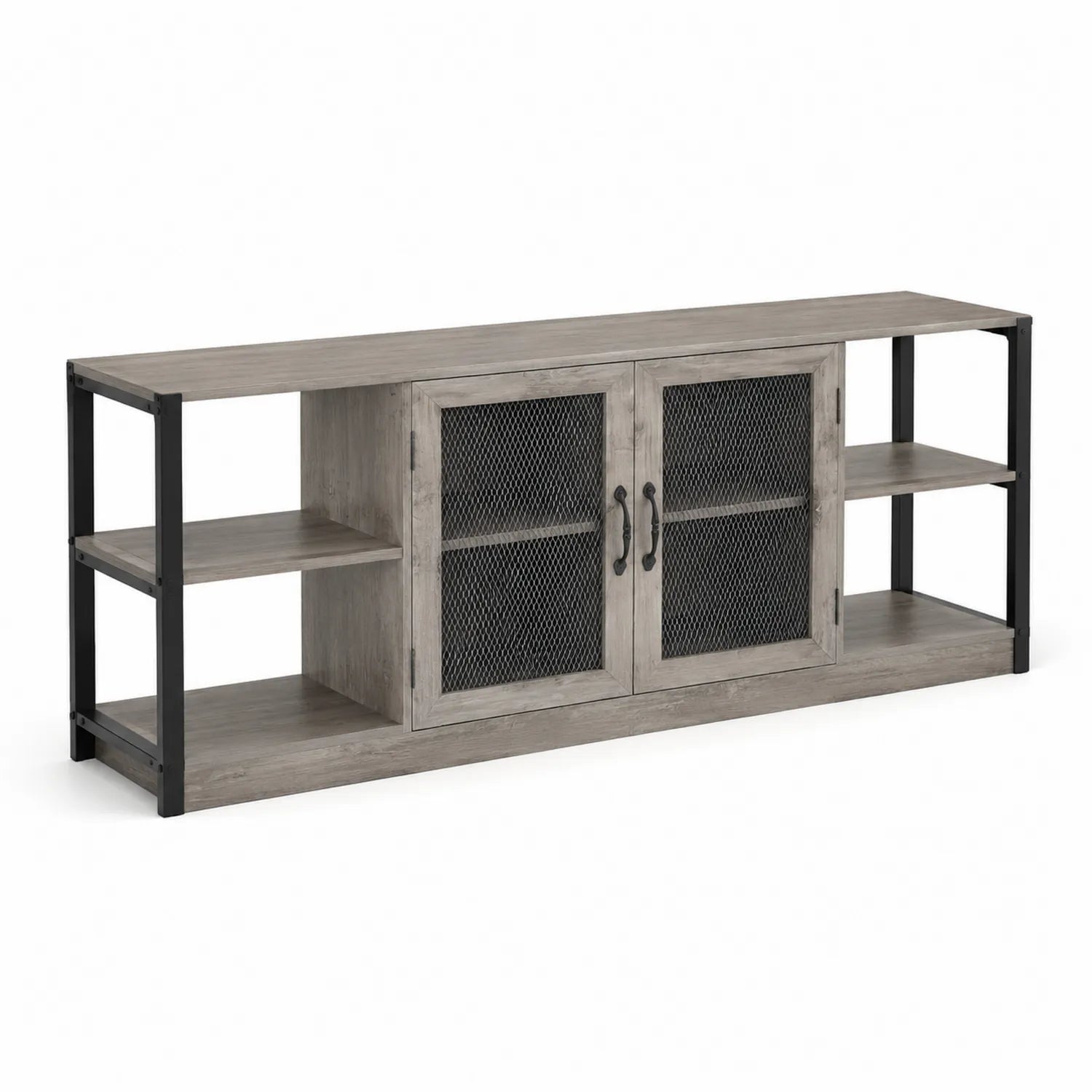Mobile TV in Legno Composito e Metallo Nero con Ante a Rete, 160x40x70 cm