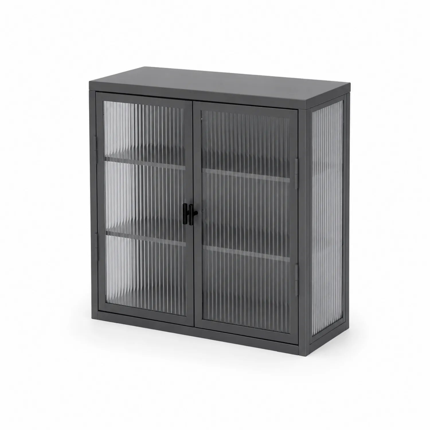 Mobiletto in metallo grigio con ante in vetro scanalato laminato