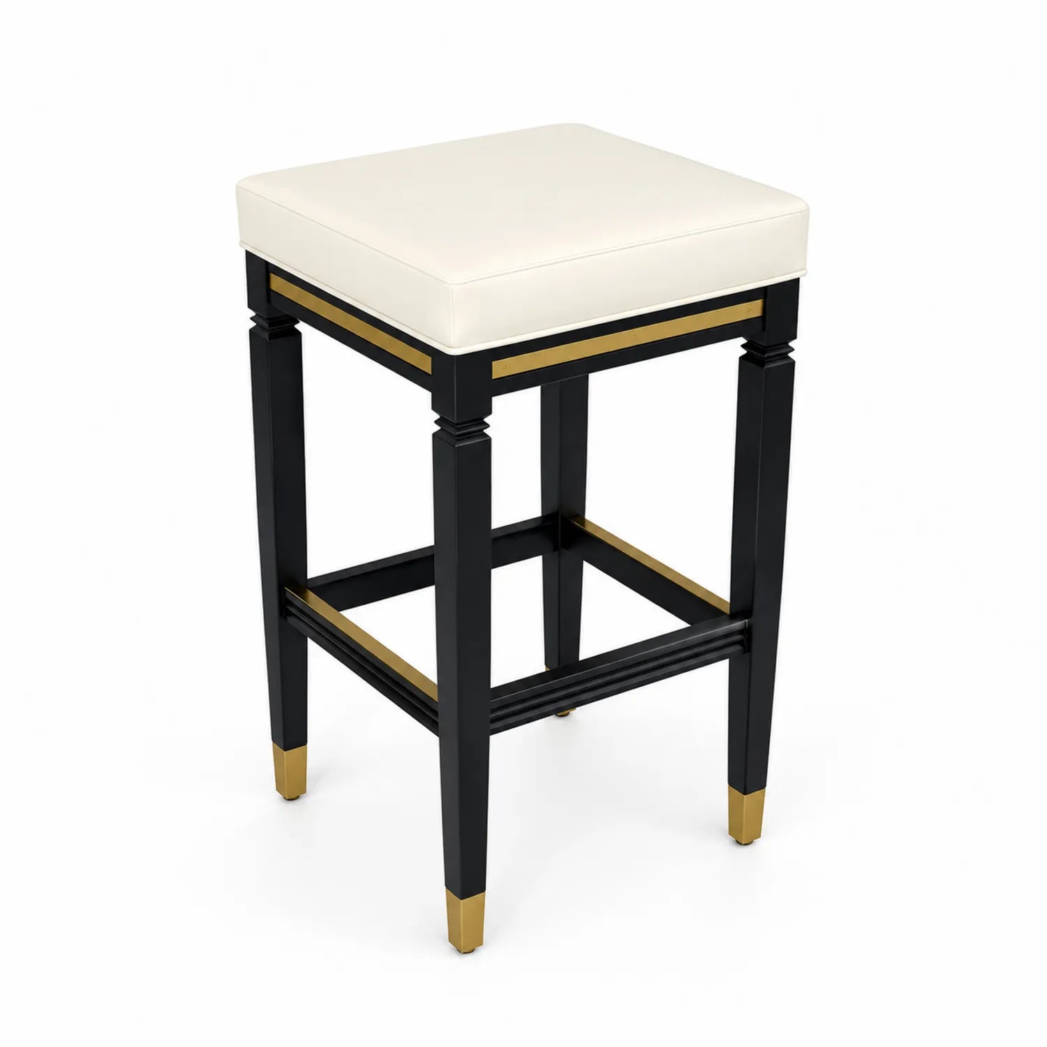 Sgabello Bar in Pelle Sintetica Bianco con Struttura in Legno e Dettagli Dorati 40x40x80 cm