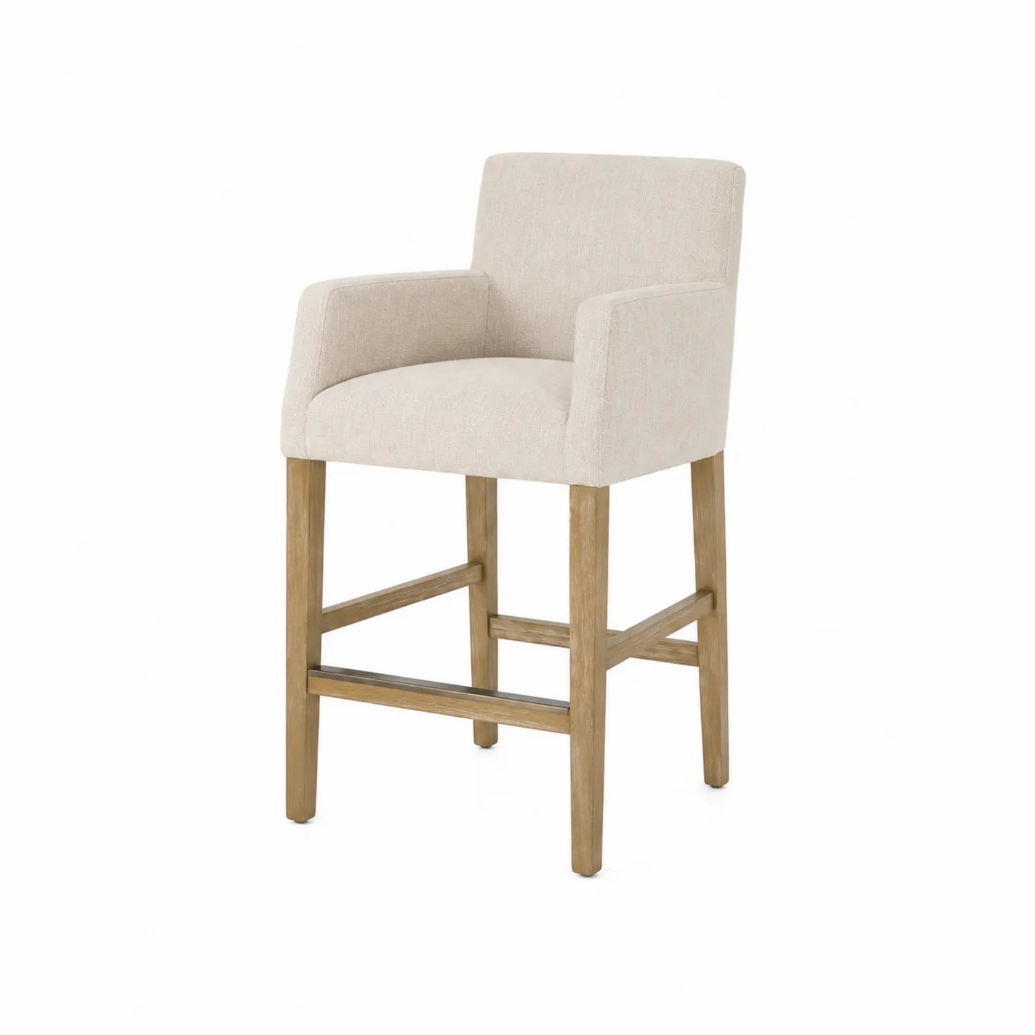 Sgabello da Bar in Tessuto Beige con Gambe in Legno