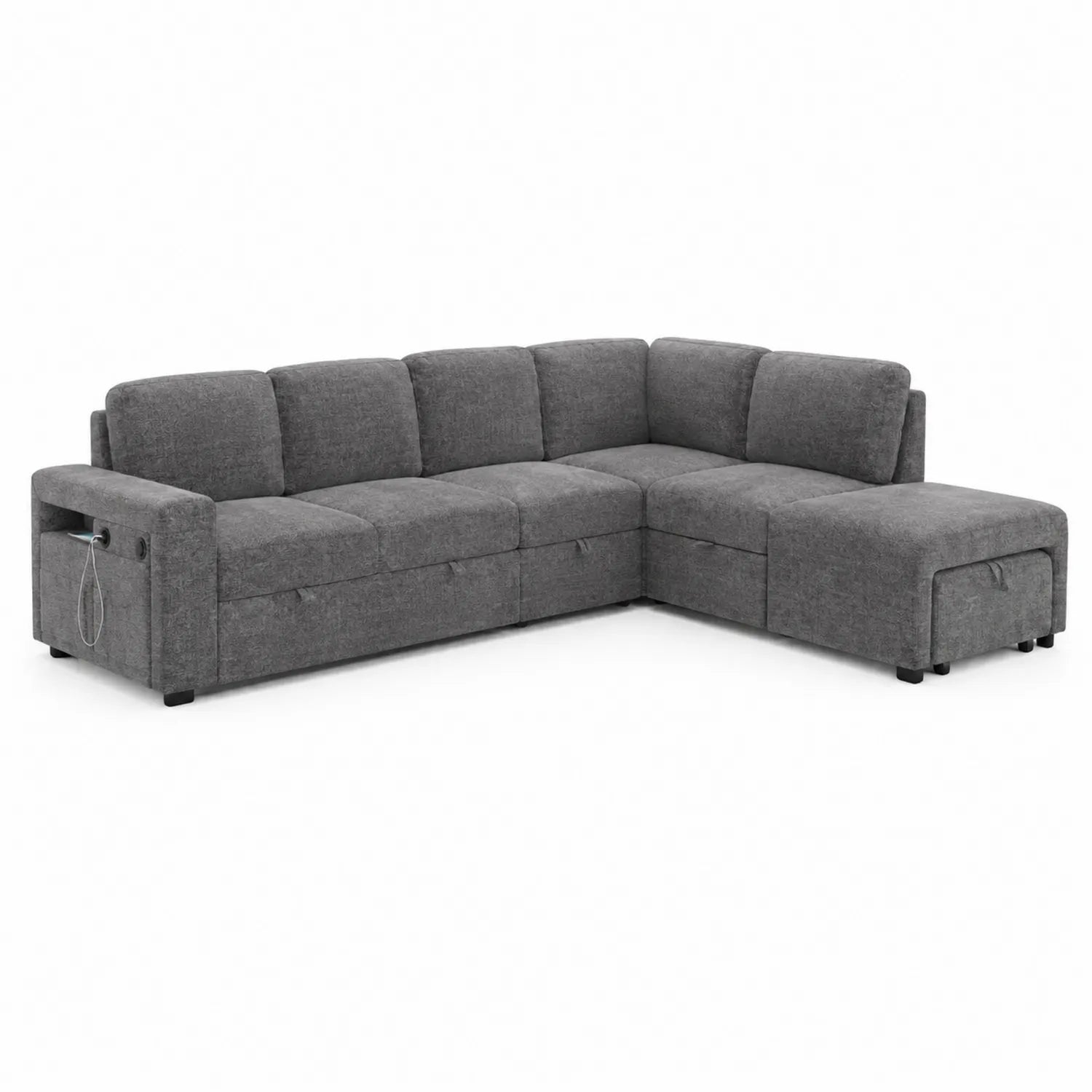 Divano angolare in tessuto grigio con chaise longue e tasca portaoggetti