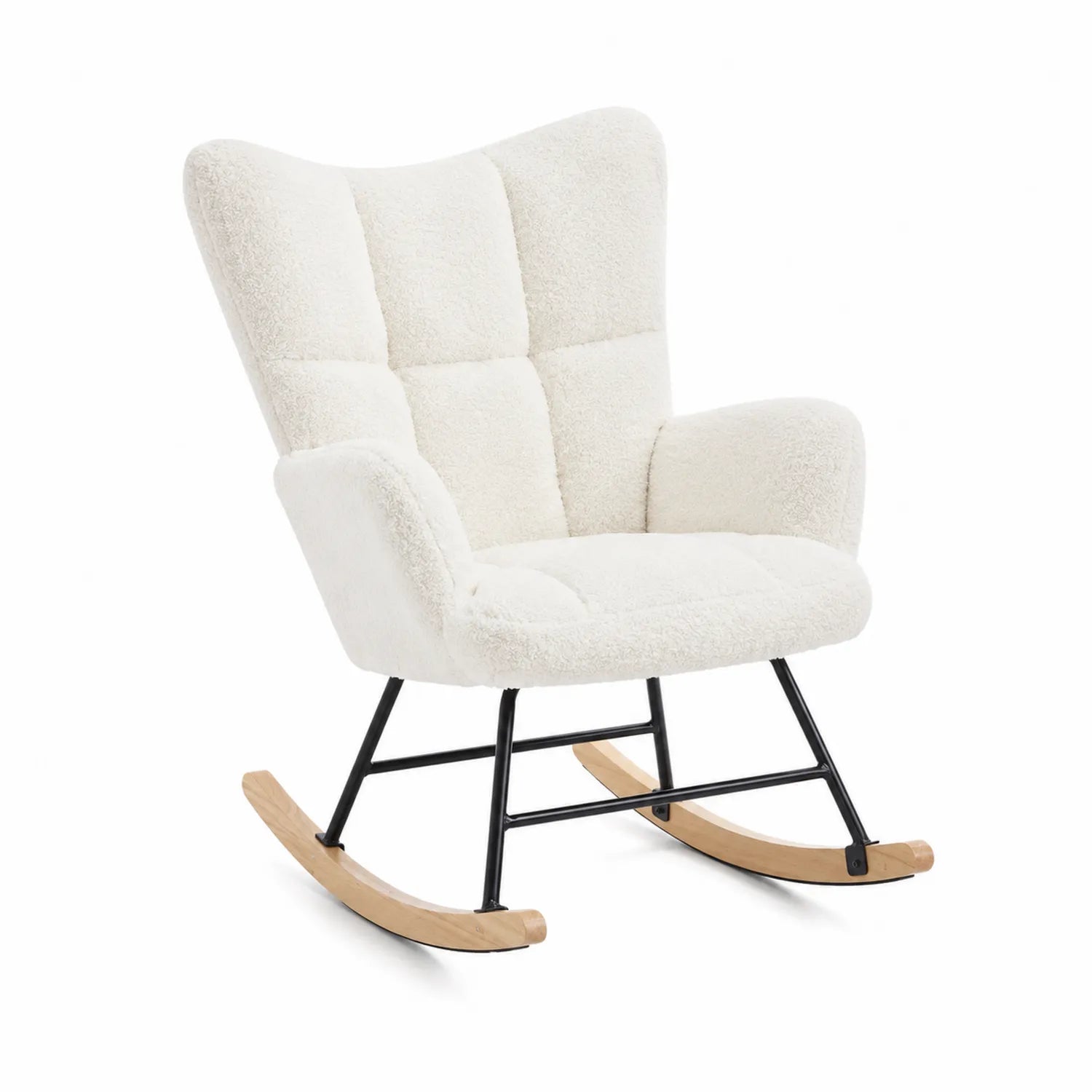 Sedia a dondolo in tessuto bouclé bianco con struttura in metallo e legno