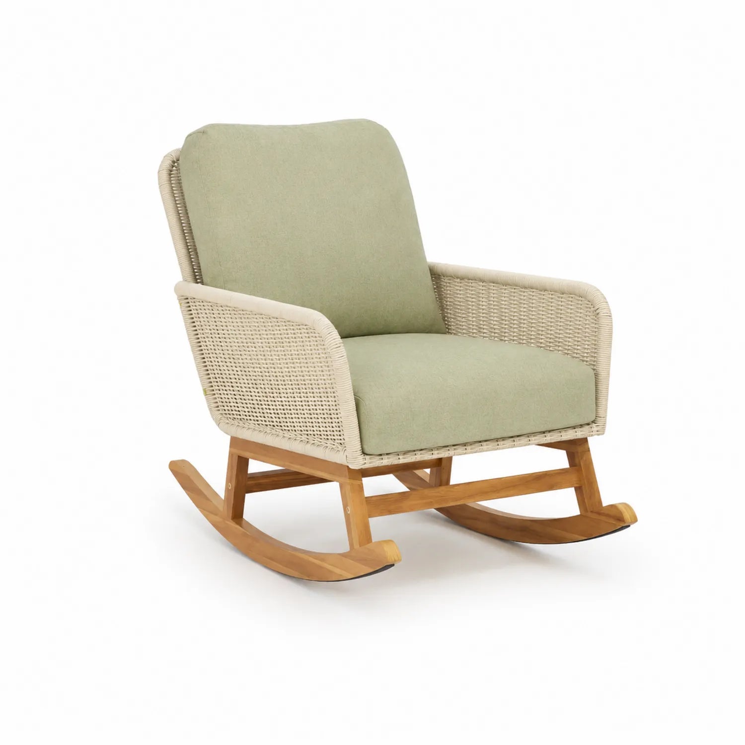 Sedia a dondolo in legno e rattan con cuscino in poliestere verde