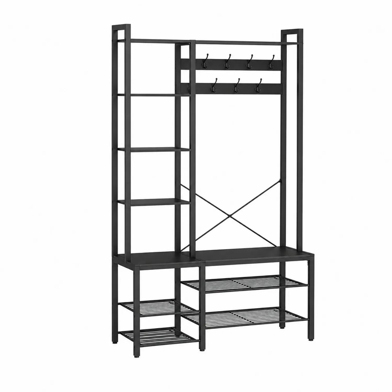 Porta abiti in Metallo Nero con Panca e Scaffali