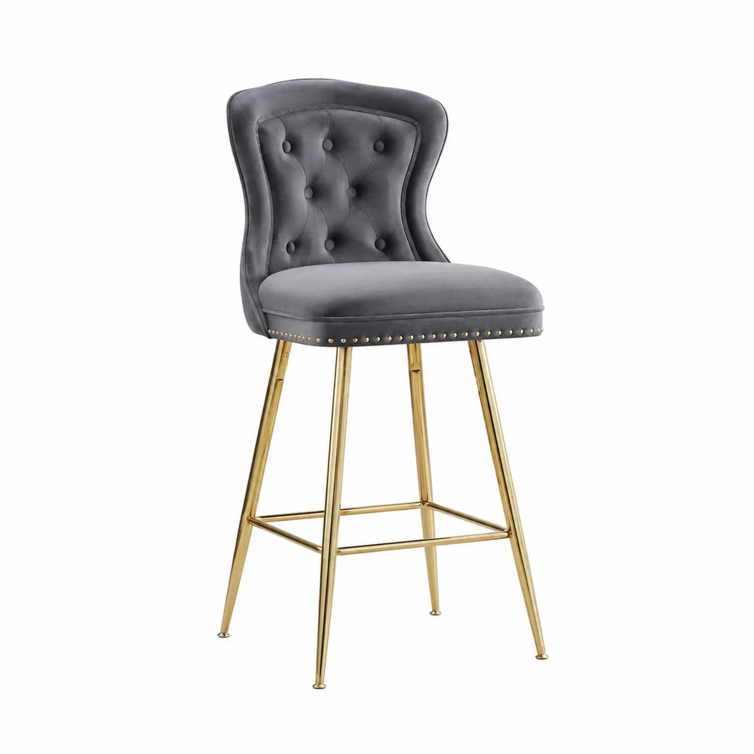 Sgabello in Velluto Grigio con Gambe in Metallo