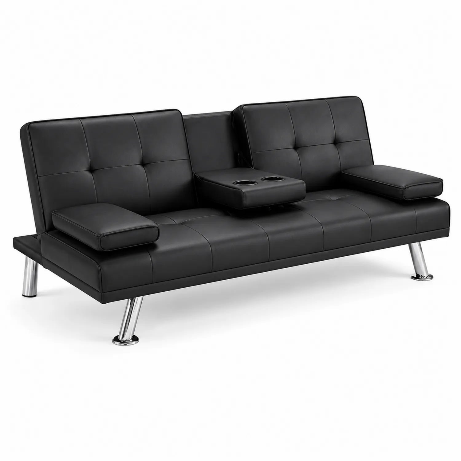 Divano Letto in Ecopelle Nero con Portabicchieri e Gambe Cromate