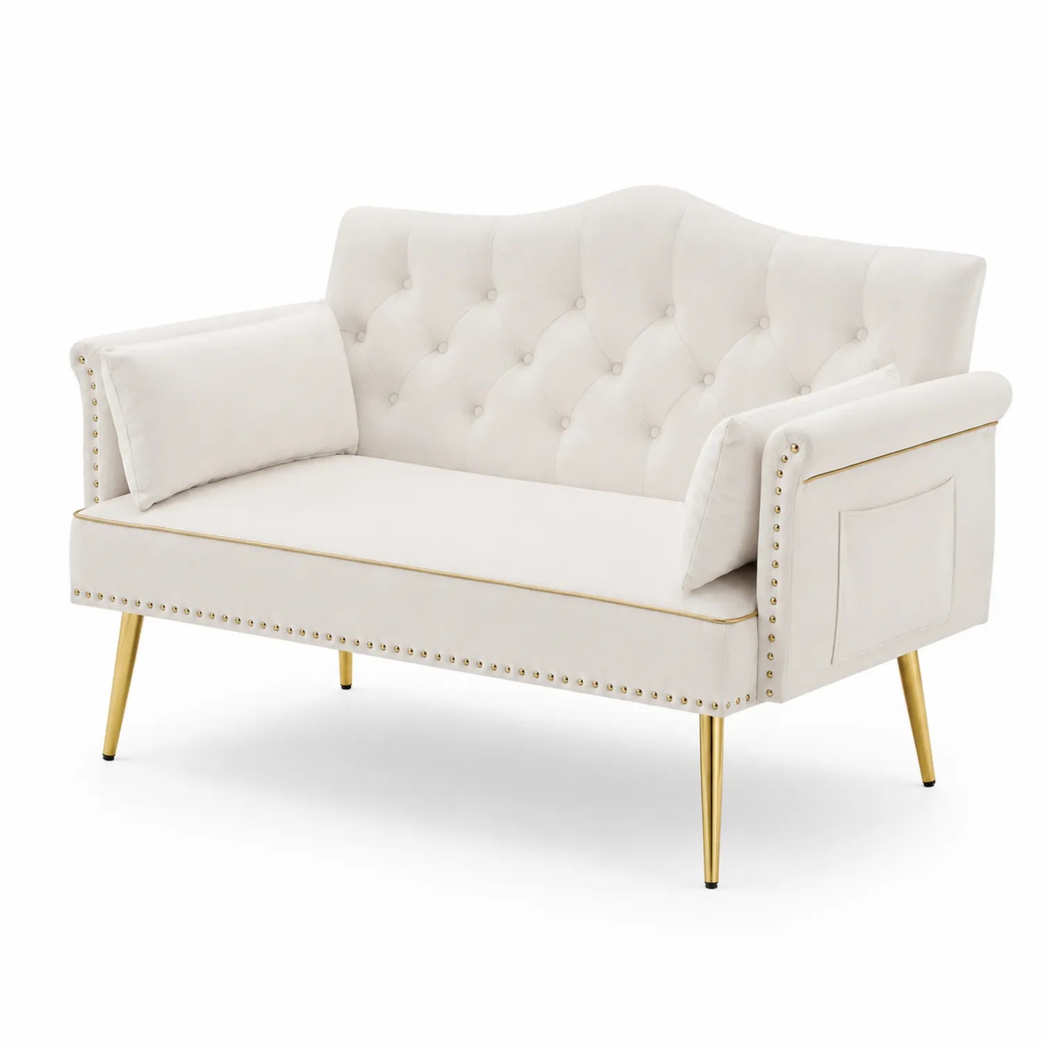 Divano a 2 Posti in Velluto Beige con Gambe in Metallo