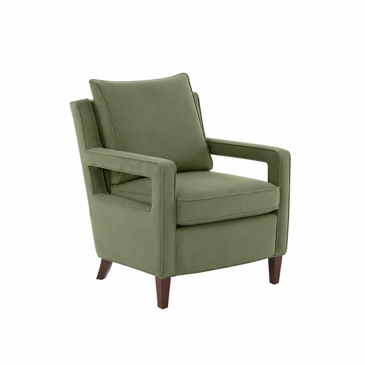 Poltrona in velluto verde oliva con gambe in legno