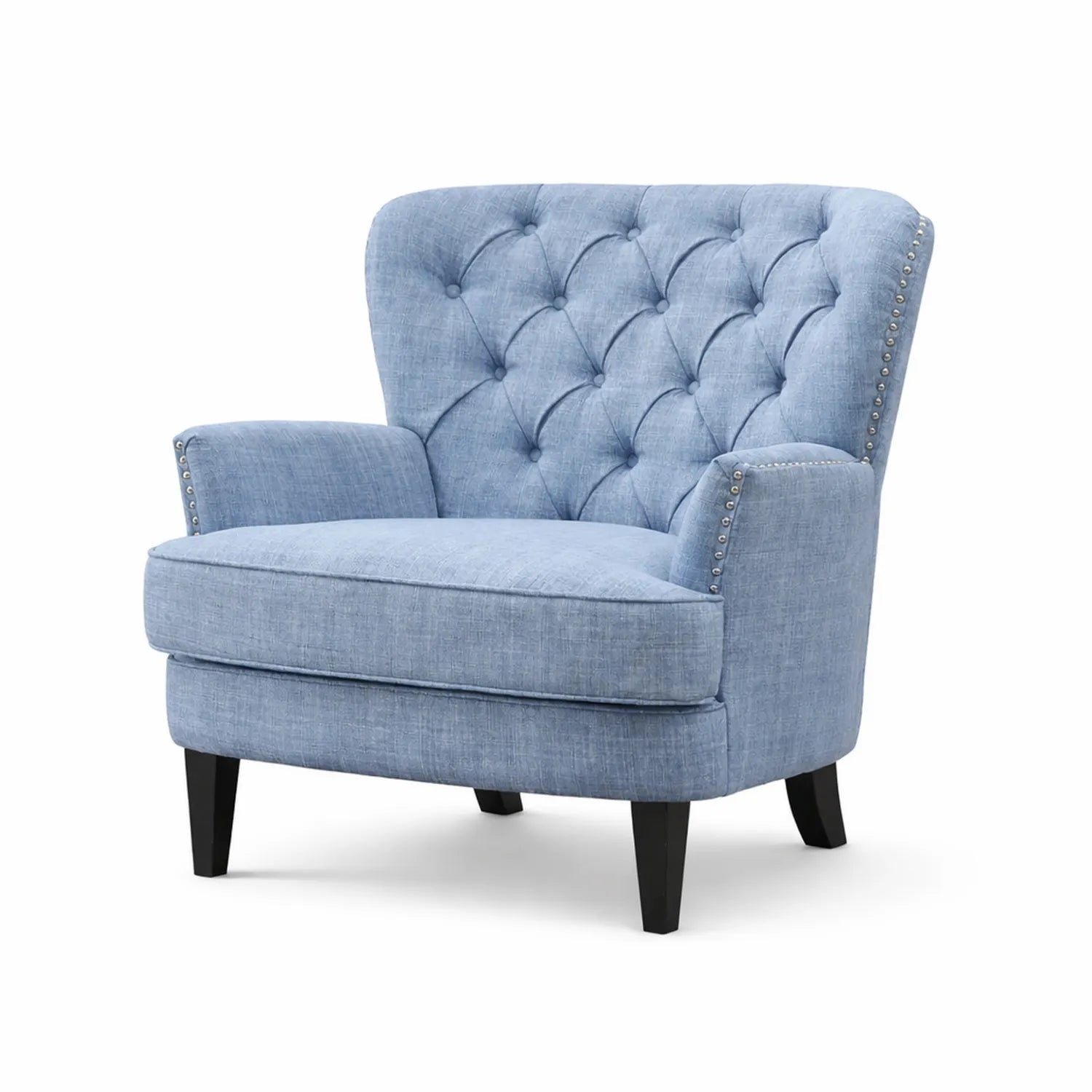 Poltrona in Tessuto Blu con Gambe in Legno