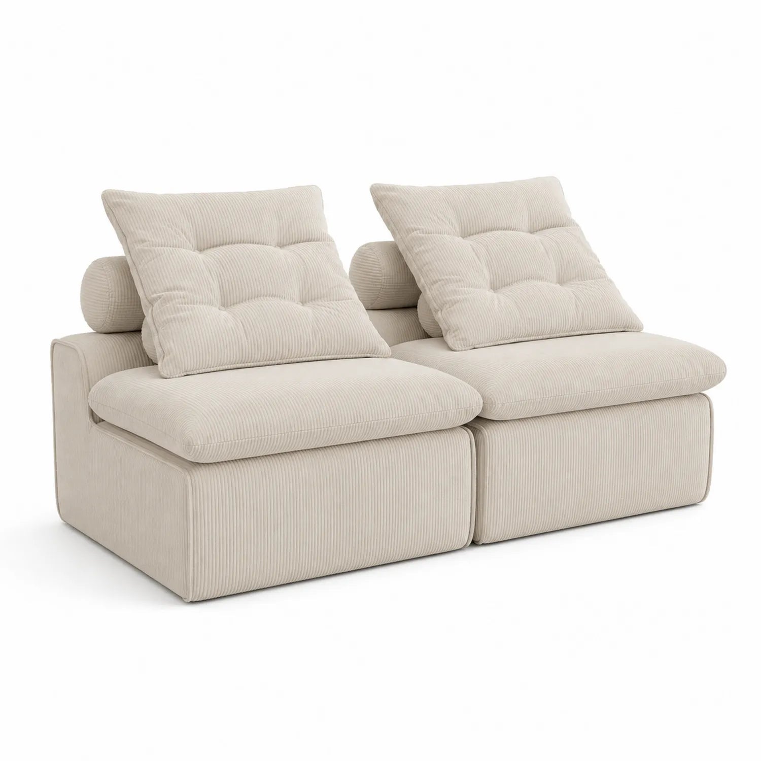 Divano modulare in tessuto a coste beige con cuscini