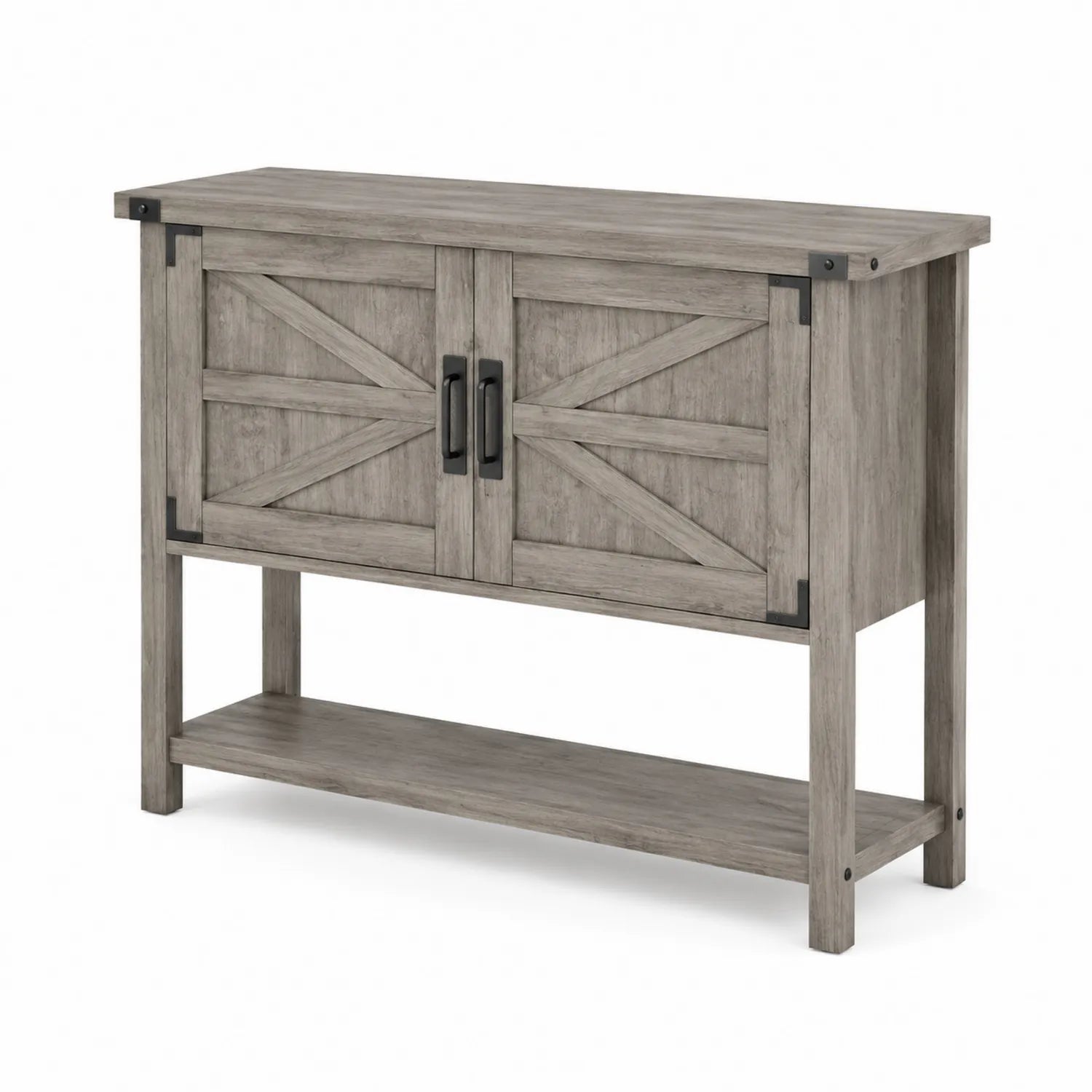 Credenza in legno massello con 2 ante e mensola inferiore, Rovere Grigio