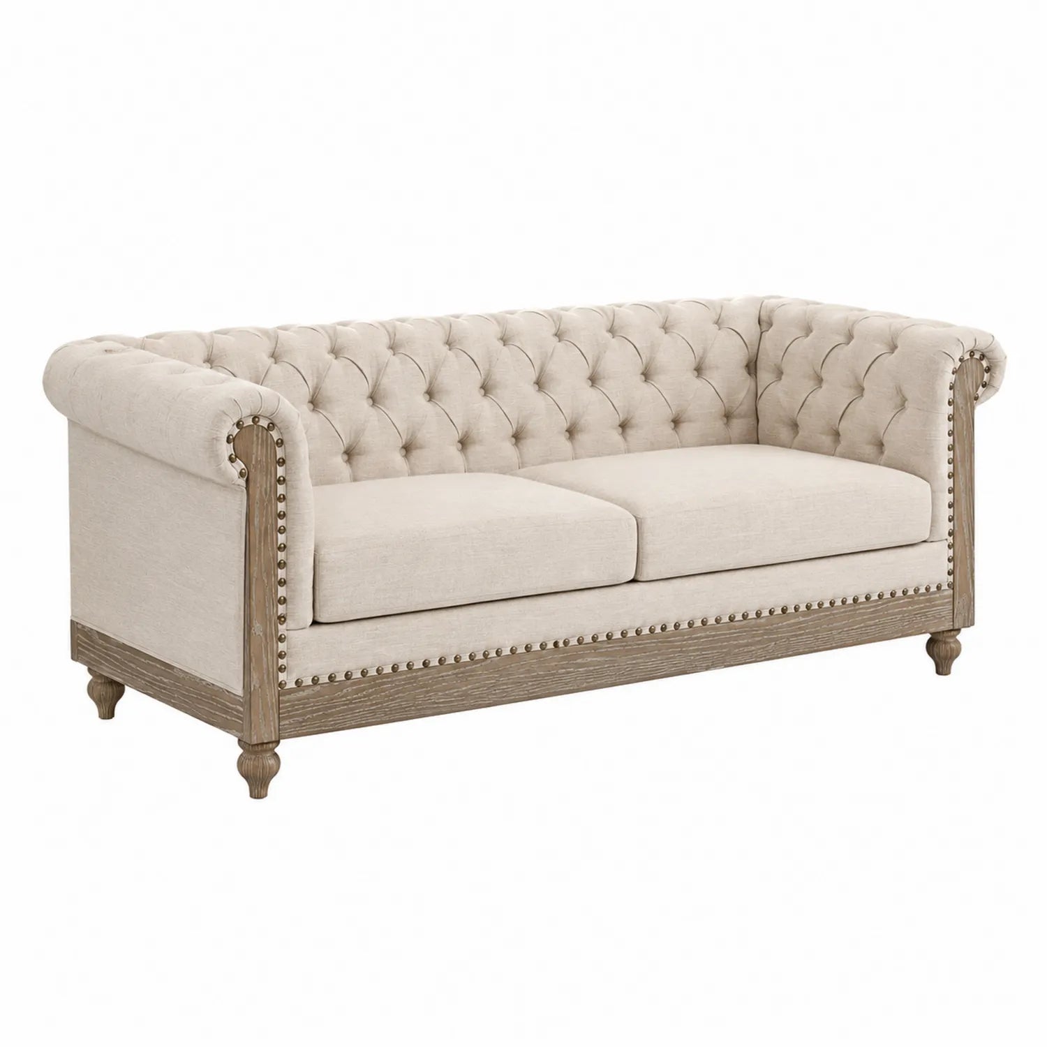 Divano in tessuto beige tre posti con struttura in legno